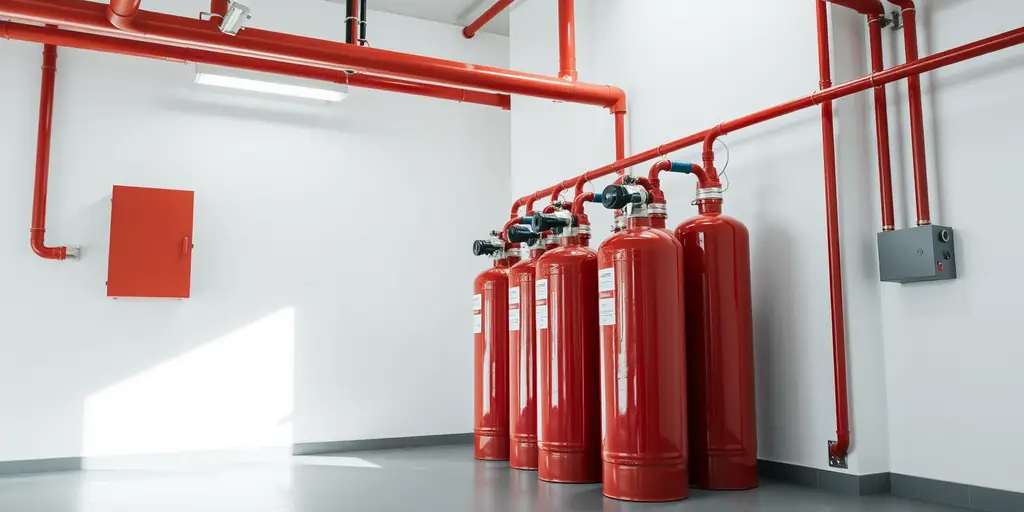 Батарея красных баллонов газового пожаротушения у стены светлого техпомещения